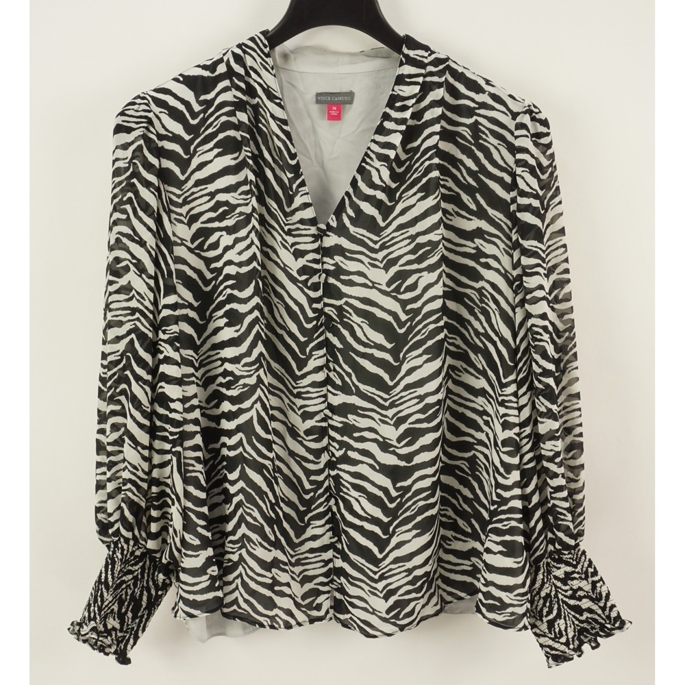 New Halogen Women's 2X Smocked Cuff Zebra Print Chiffon Button Up V-Neck Blouse - Picture 1 of 9